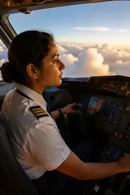 Female Pilot Viewing Clouds from Cockpit