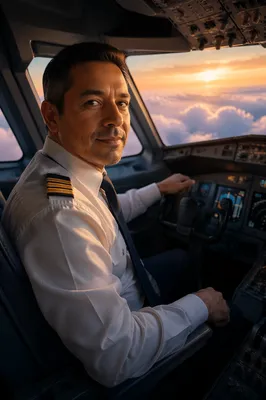 Airline Pilot in Cockpit at Golden Hour