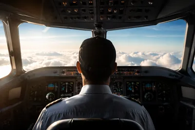 Pilot Silhouette Above Clouds in Cockpit