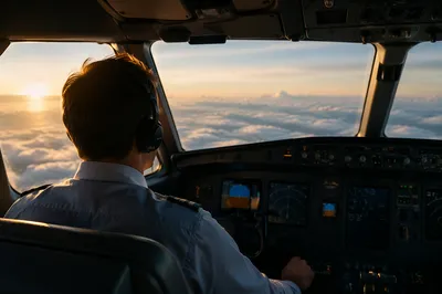 Pilot in Cockpit Above Sunlit Clouds