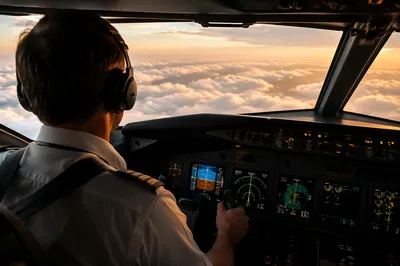 Pilot Viewing Sunlit Clouds from Cockpit