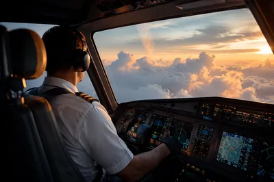 Pilot in Cockpit Above Sunrise Clouds