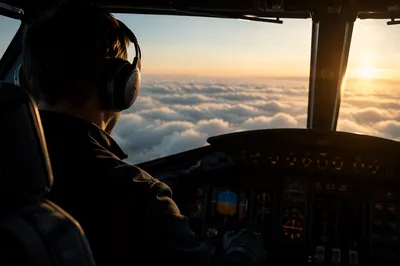 Pilot in Cockpit Above Sunrise Clouds