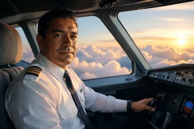 Airline Pilot in Cockpit at Golden Hour