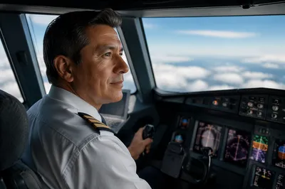 Pilot in Airplane Cockpit Above Clouds