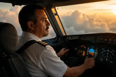 Pilot in Cockpit Watching Sunlit Clouds