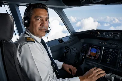 Airline Pilot in Cockpit with Clouds