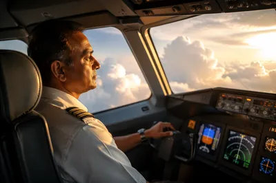 Airline Pilot in Cockpit at Golden Hour
