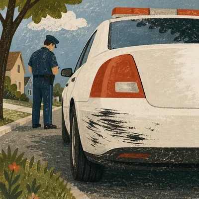 Police Officer Inspecting Patrol Car Damage