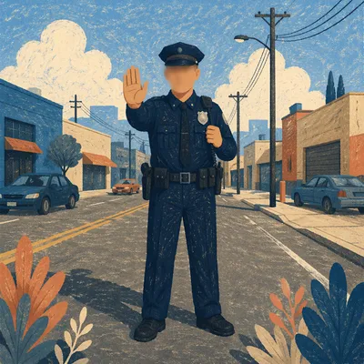 Calm Police Officer Patrolling Neighborhood Street