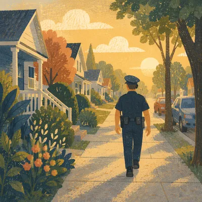 Police Officer Walking Quiet Neighborhood Patrol