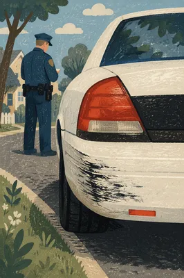 Police Officer Inspecting Patrol Car Damage