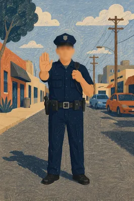 Police Officer Patrolling Quiet Neighborhood Street