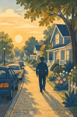 Police Officer Patrolling Quiet Neighborhood Street