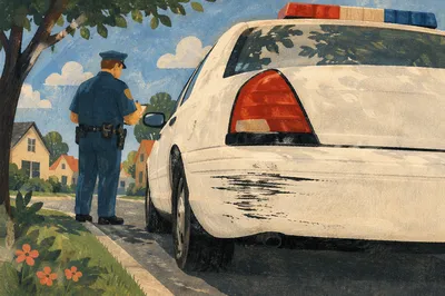 Police Officer Inspecting Patrol Car Damage