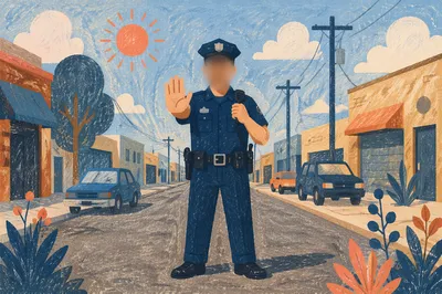 Police Officer Patrolling Quiet Neighborhood Street