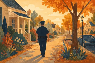 Police Officer Walking Quiet Neighborhood Patrol