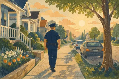 Police Officer Walking Neighborhood Patrol at Sunrise