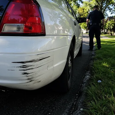 Police Officer Inspecting Patrol Car Damage