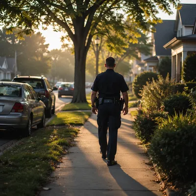 Police Officer Walking Neighborhood Patrol at Sunrise