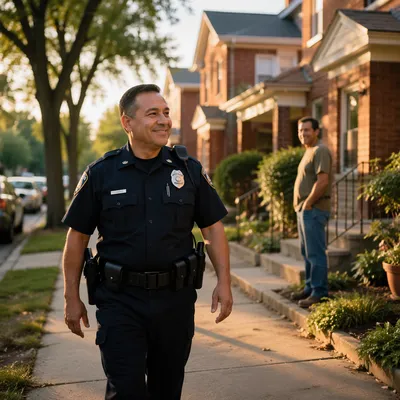 Police Officer Walking Residential Street at Sunset