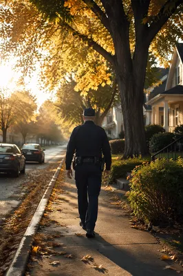 Police Officer Walking Neighborhood Patrol at Dawn