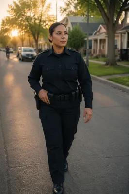 Police Officer Walking Residential Street at Sunrise