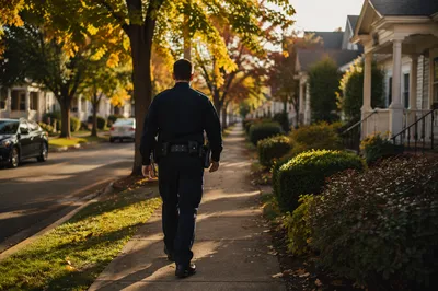 Police Officer Walking Neighborhood Patrol at Dawn