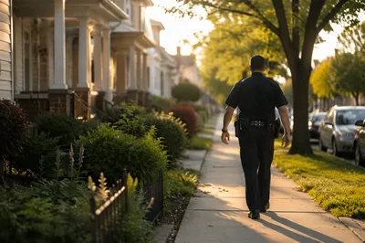 Police Officer Walking Quiet Neighborhood Patrol