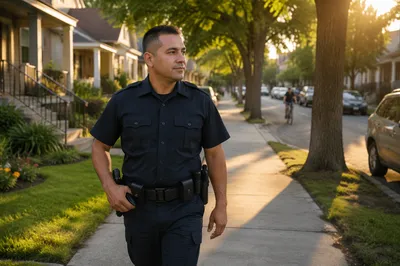 Police Officer Patrolling Quiet Neighborhood Street