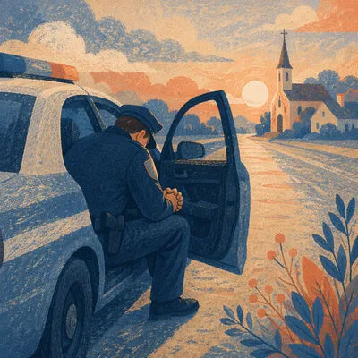 Police Officer Praying at Dawn Patrol Car