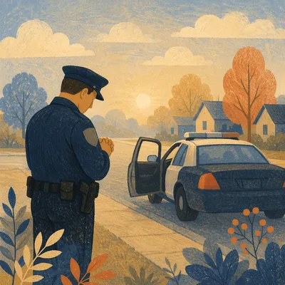 Police Officer Morning Prayer by Patrol Car