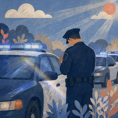 Police Officer Praying Beside Patrol Car