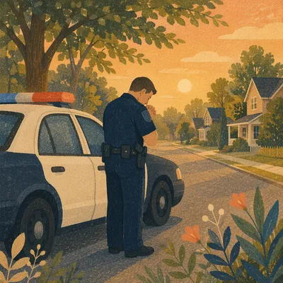 Police Officer in Quiet Prayer at Sunset