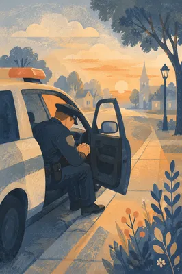 Police Officer Praying at Dawn Patrol Car