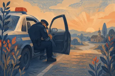 Police Officer Praying at Dawn Patrol Car