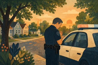 Police Officer Praying Beside Patrol Car