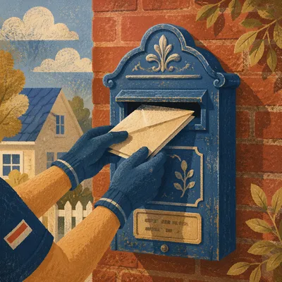 Postal Worker Delivering Mail to Blue Mailbox