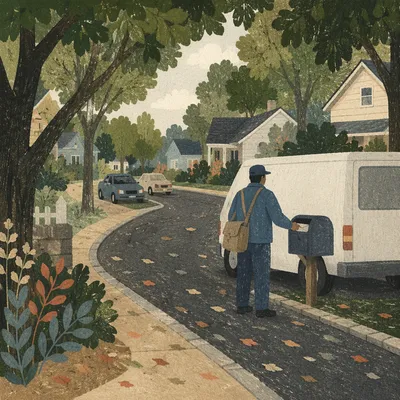 Postal Worker Delivering Mail in Suburb