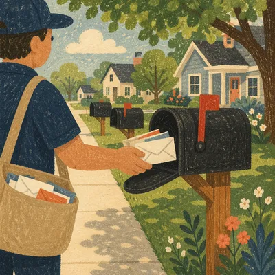 Suburban Postal Worker Delivering Mail