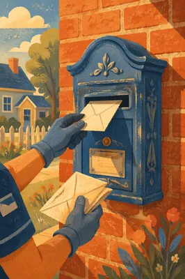 Postal Worker Delivering Mail to Blue Mailbox