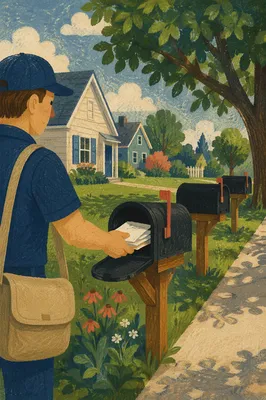 Suburban Postal Worker Delivering Mail