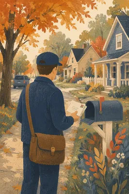 Postal Worker Delivering Mail on Suburban Street