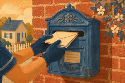 Postal Worker Delivering Mail to Blue Mailbox