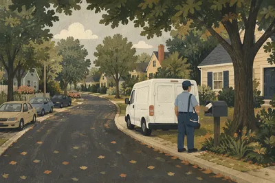Postal Worker Delivering Mail in Suburb