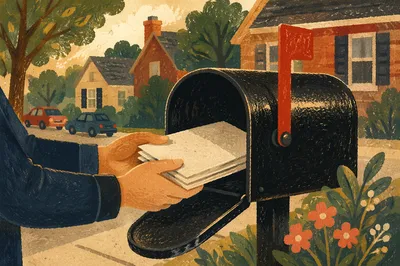 Postal Worker Delivering Mail to Mailbox