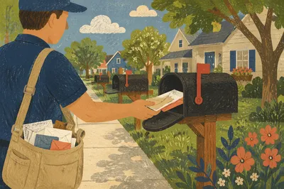 Postal Worker Delivering Mail in Suburb