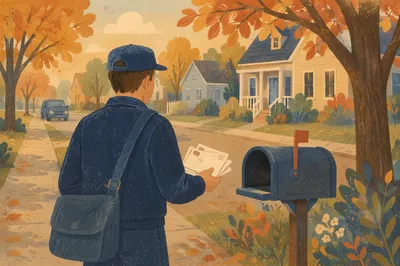 Postal Worker at Suburban Mailbox Morning