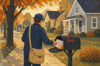 Postal Worker at Suburban Mailbox Morning