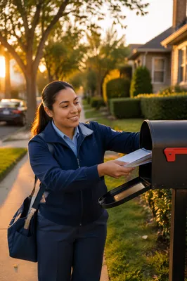 Postal Worker Delivering Mail in Suburb